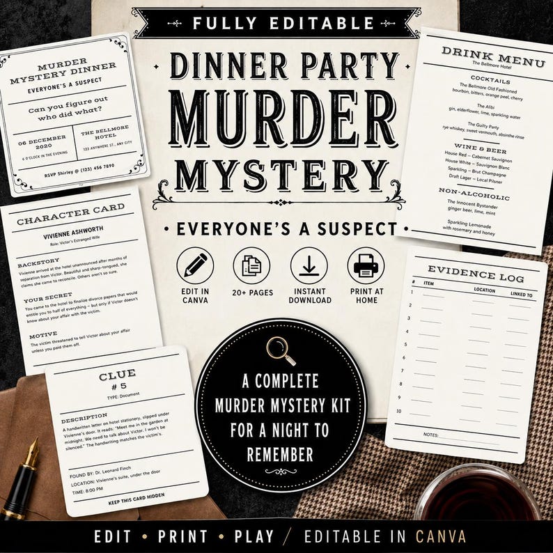 Editable printable murder mystery dinner party kit featuring character cards, clue cards, evidence log, drink menu, Canva editing, instant download, and print-at-home game for six players. Editable Murder Mystery Dinner Party Game | Printable Murder Mystery Kit | Elegant Noir Murder Mystery | Host Game Night | Instant Download