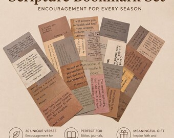 May include: A collection of rectangular paper bookmarks in assorted shades of brown, tan, and grey, featuring printed scripture verses and inspirational text. The bookmarks are arranged in a fan-like display, showcasing different fonts and paper textures.