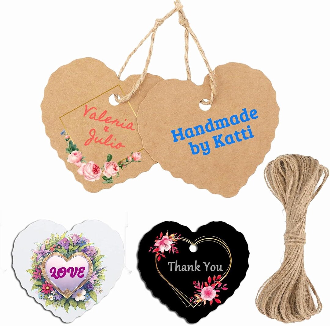 Custom Heart Hang Tags With Twine String, Personalized Party Labels ...