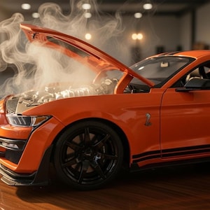 May include: An orange sports car with its hood open, releasing steam. The car has black racing stripes and black wheels. The car is on a wooden surface.