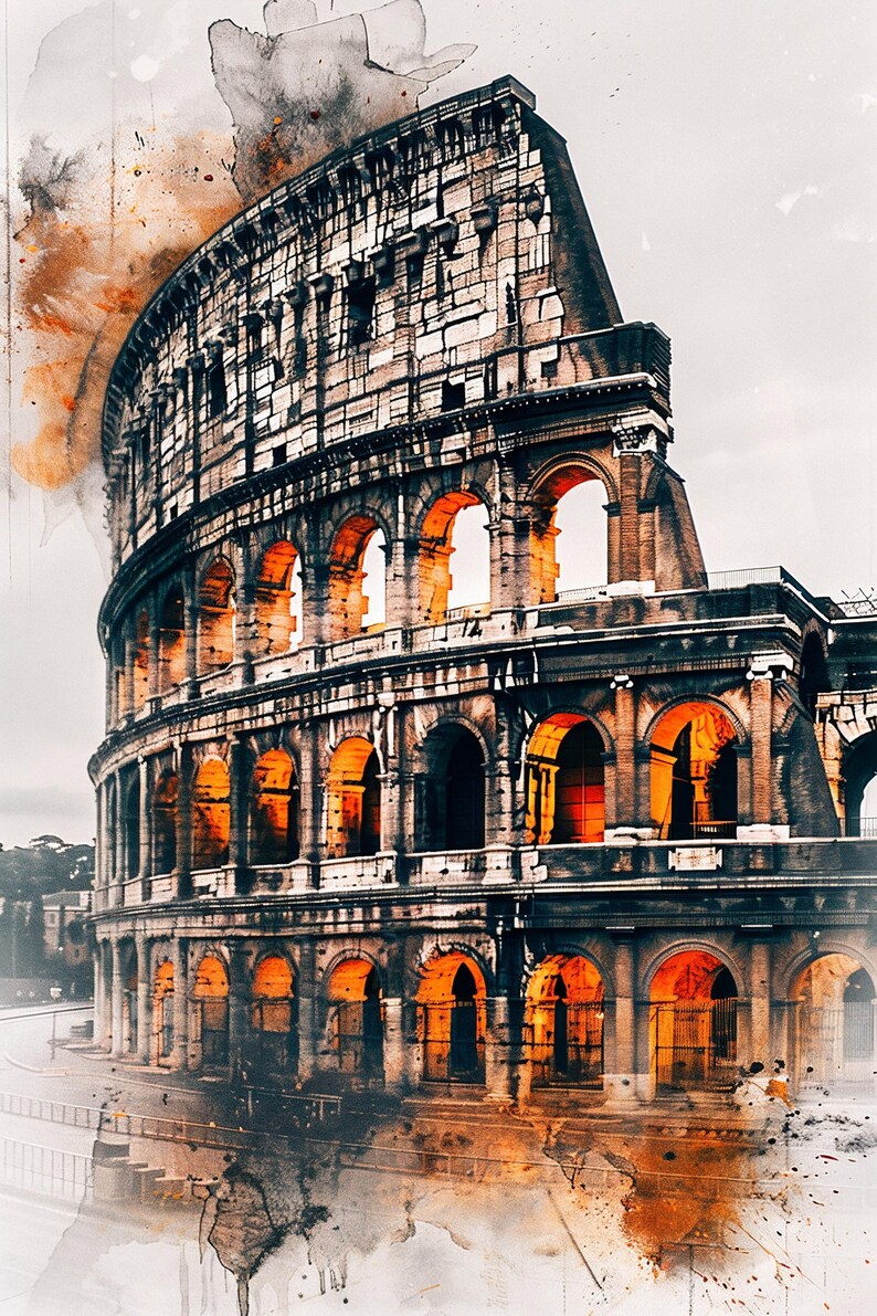 Colosseum Rome Wall Art, Abstract Line Architecture, Watercolor Travel ...