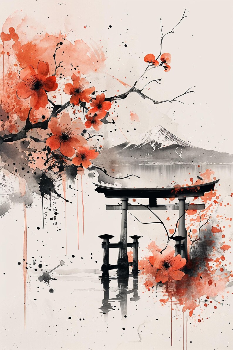 Japanese Cherry Blossom Torii Gate Print, Mount Fuji Ink Painting ...