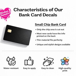 May include: A black bank card decal with a gold chip, featuring the text "Characteristics of Our Bank Card Decals." The decal is water-resistant, easy to apply and clean, and has a high-quality print. The design is unique and stylish.