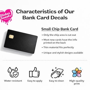 Peut inclure: Autocollant noir pour carte bancaire avec une puce dor&eacute;e, avec le texte "Caract&eacute;ristiques de nos autocollants pour cartes bancaires". L'autocollant est r&eacute;sistant &agrave; l'eau, facile &agrave; appliquer et &agrave; nettoyer, et a une impression de haute qualit&eacute;.