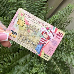 Może przedstawiać: Banknot dwudziestu pesos z Banco de M&eacute;xico z postacią Strawberry Shortcake. Banknot ma r&oacute;żowo-biały wz&oacute;r z napisem "Veinte Pesos" i "20 Pesos". Banknot jest trzymany na tle zielonego, liściastego tła.