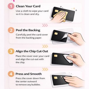 May include: Infographic showing how to apply a debit card cover. Steps include cleaning the card, peeling the backing, aligning the chip cut-out, and pressing to smooth. The image features a black debit card and a pink logo.