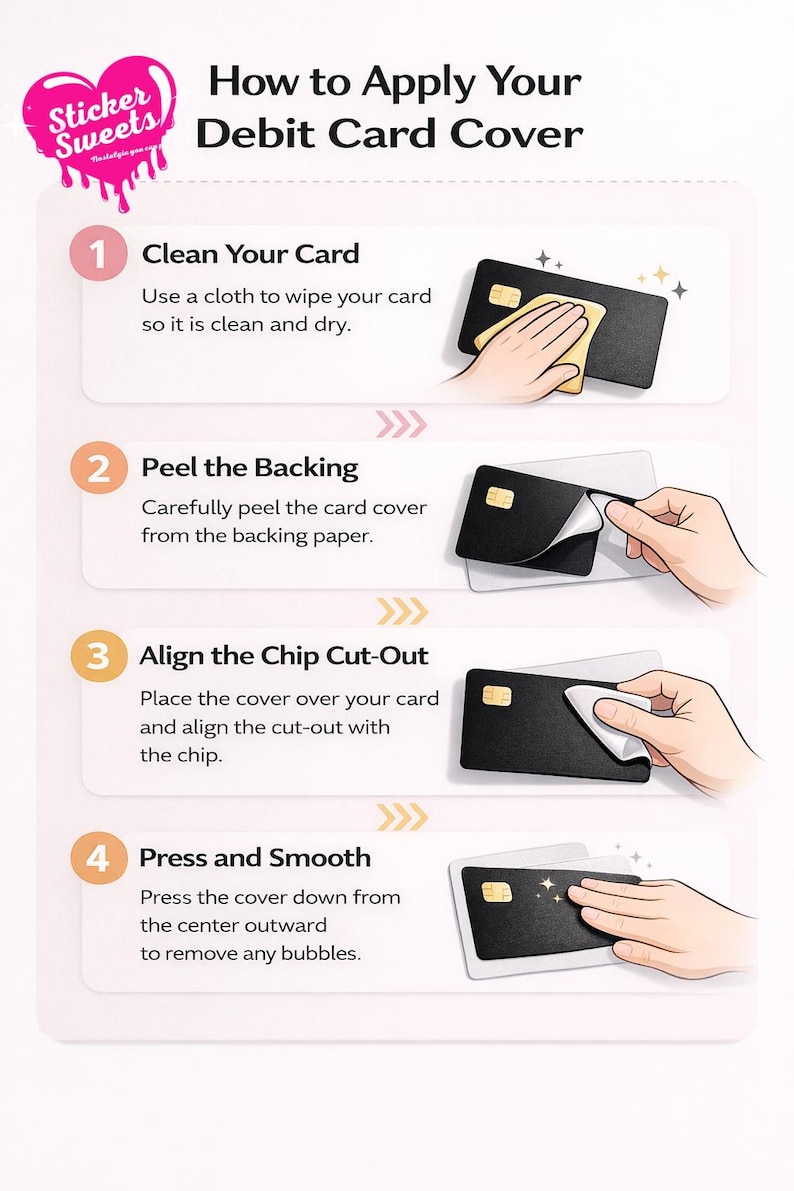 May include: Infographic showing how to apply a debit card cover. Steps include cleaning the card, peeling the backing, aligning the chip cut-out, and pressing to smooth. The image features a black debit card and a pink logo.