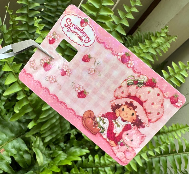 May include: A pink Strawberry Shortcake-themed tag with a cartoon illustration of Strawberry Shortcake and her cat. The tag has a pink gingham pattern and strawberry accents. The text "Strawberry Shortcake" is at the top.