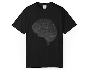 Camiseta vintage con diseño de cerebro y arte ASCII / Camisa de programador con colores cómodos / Ropa técnica retro / Camiseta holgada y pesada