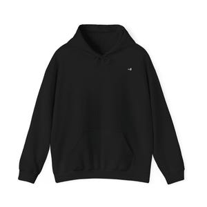 May include: A black hoodie with a drawstring hood and a kangaroo pocket. A small white graphic is on the upper left chest. The hoodie is made of a soft material.