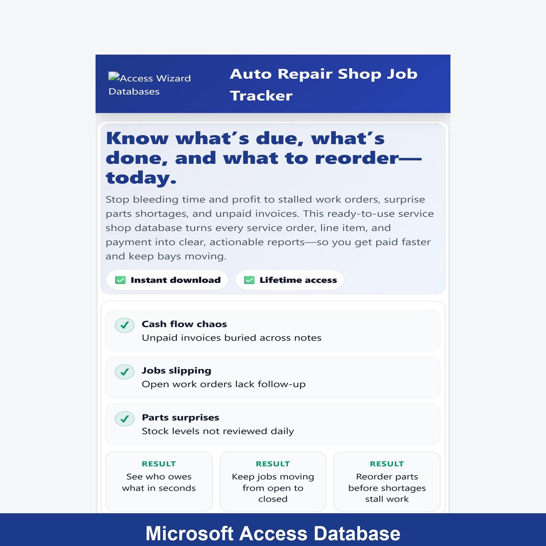 Auto Repair Shop Job Tracker Access Database | Stop Losing Open Jobs ...