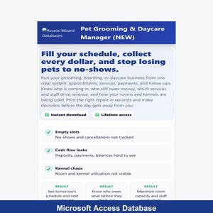 Pet Grooming & Daycare Manager Access Database | Stop No-Shows | Unpaid Balances