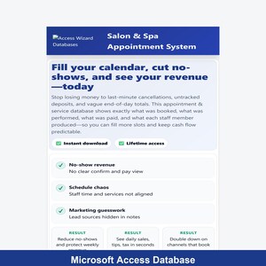 Salon & Spa Appointment System Access Database | Confirm, Pay | Track Revenue Instantly