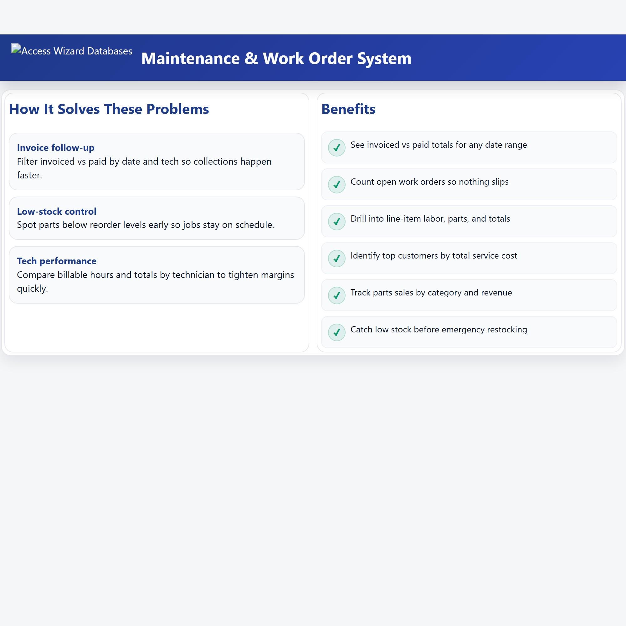 Maintenance & Work Order System Access Database | Stop Unbilled Work ...