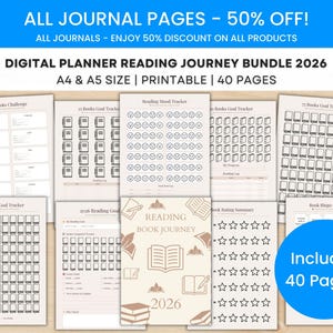 May include: A collection of printable digital planner pages for a reading journey, including trackers, challenges, and goal sheets. The bundle includes 40 pages and is available in A4 and A5 sizes. The text on the image says "ALL JOURNAL PAGES - 50% OFF!"