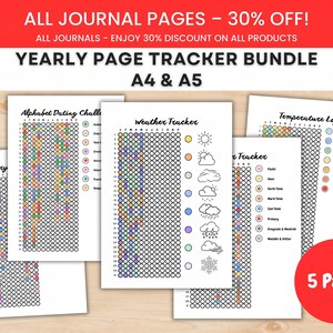 May include: A yearly page tracker bundle featuring five printable journal sheets in A4 and A5 sizes. The pages include trackers for weather, temperature, and alphabet dating challenges, utilizing grids of circles with color-coded legends.