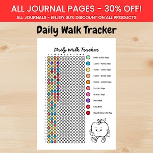 May include: A Daily Walk Tracker printable sheet featuring a grid of circles for tracking steps by month and day. The chart includes a color-coded legend for step counts ranging from under 2,000 to 12,000 steps, plus a cartoon apple character.