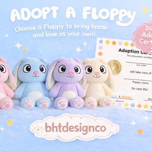 May include: Four plush bunny toys in pink, blue, purple, and cream colors, with large eyes and floppy ears. The image includes text that reads "ADOPT A FLOPPY" and an adoption certificate. The toys are designed with a cute, cartoonish style.
