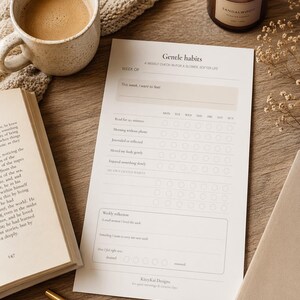 May include: A relaxing image with a coffee cup, a lit candle, and a journal. A weekly habits checklist titled "Gentle Habits" is visible, along with a book and a pen. The candle is labeled "Sandalwood."