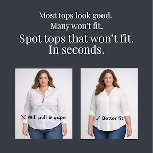Puede incluir: Imagen que compara dos blusas blancas en una mujer, con texto que indica el ajuste. El texto dice "WeAllPS", "La mayoría de las blusas se ven bien. Muchas no encajarán. Detecta las blusas que no encajarán. En segundos". Una blusa está etiquetada como "Will pull & gape", la otra como "Better fit".