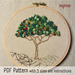 May include: Embroidered tree art in a wooden hoop. The tree features a brown trunk and branches, with a textured green and red foliage. The text "beginner" is at the top right. The text "PDF Pattern with 5 sizes and instructions" is at the bottom.