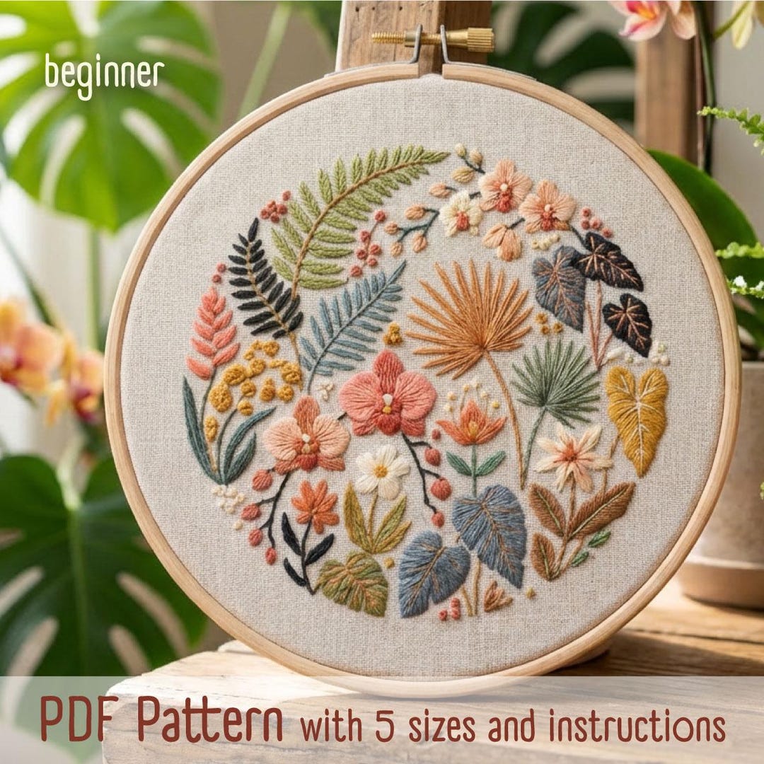 Tropical Botanical Embroidery Pattern PDF | Modern Floral Hand ...