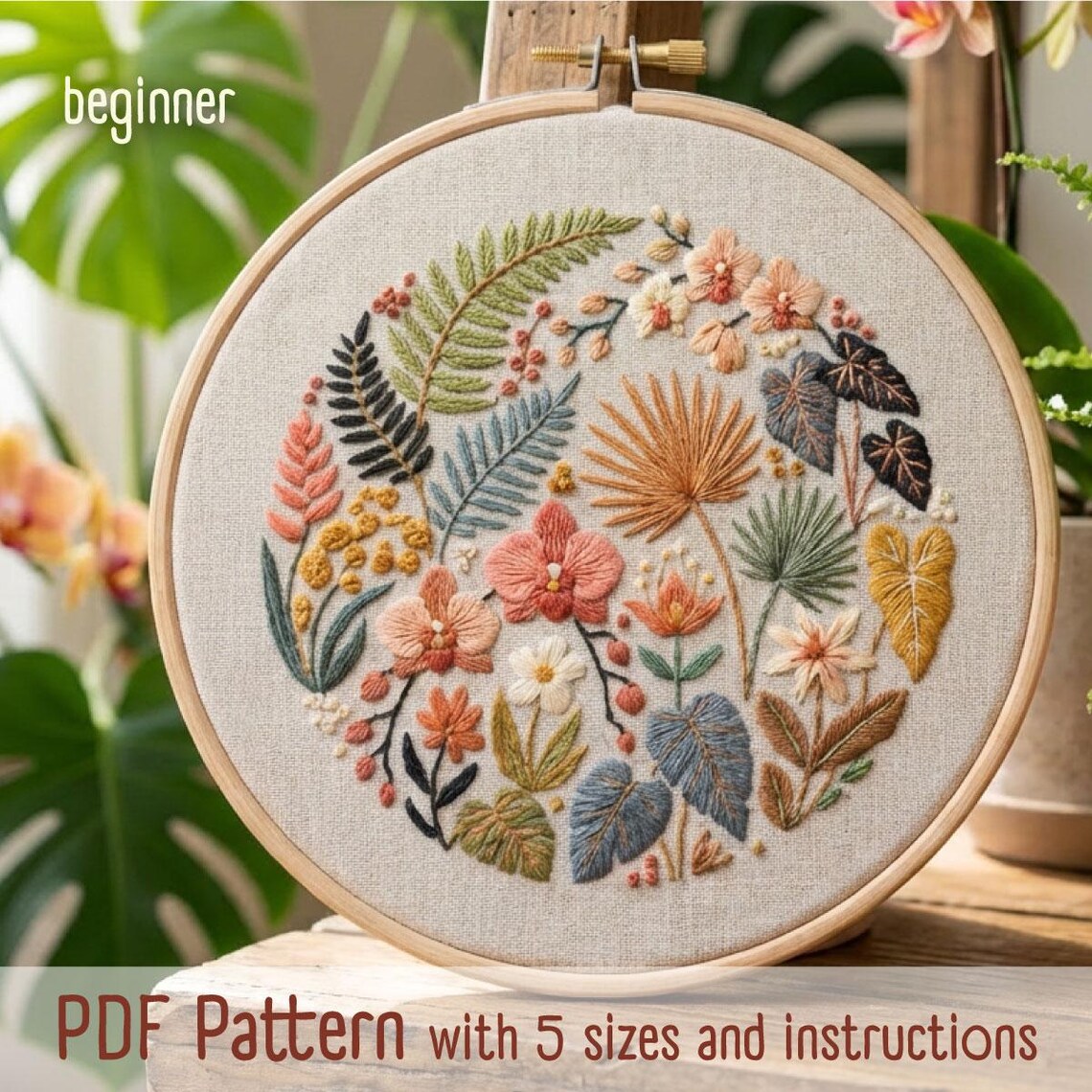 Tropical Botanical Embroidery Pattern PDF | Modern Floral Hand ...