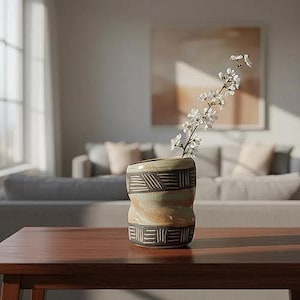 Puede incluir: Un jarrón de cerámica con una forma retorcida única y una superficie texturizada. El jarrón presenta un patrón de diseños geométricos marrón oscuro. Contiene una rama de flores blancas delicadas, colocada sobre una mesa de madera.
