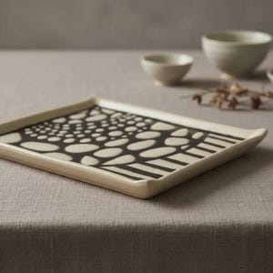 Puede incluir: Una bandeja rectangular de cerámica con borde crema y un patrón orgánico en blanco y negro. El patrón consiste en óvalos y líneas de varios tamaños. La bandeja está sobre una superficie de color neutro.