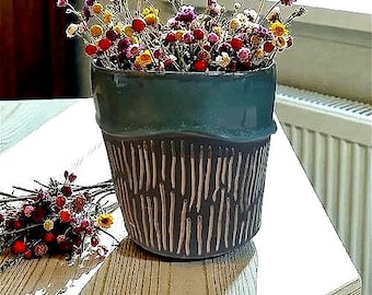 Florero De Cerámica Gres Rayitas Paula Hecho A Mano