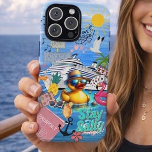 May include: A blue phone case with a cruise ship, a yellow rubber duck wearing sunglasses, and the words "Stay Salty." Other graphics include a flamingo, passport, and a sun.