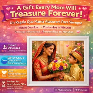 Puede incluir: Imagen enmarcada de una mujer con un sari rojo y joyas de oro recibiendo un ramo de un niño pequeño con ropa dorada. La imagen está rodeada de texto que dice "A Gift Every Mom Will Treasure Forever!" y otro texto promocional.