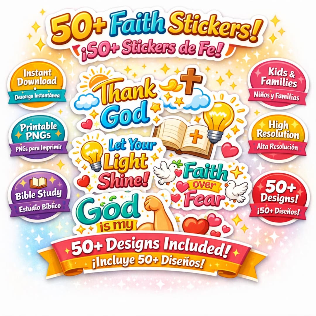 Bilingual Christian Kids Stickers | 50+ Faith Designs (digital Download ...
