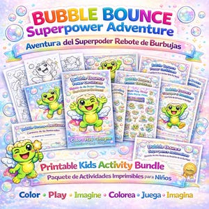 Puede incluir: Un conjunto de hojas de actividades y certificados imprimibles para niños. El título "Bubble Bounce Superpower Adventure" se muestra en texto colorido. El paquete incluye páginas para colorear, pegatinas y certificados.