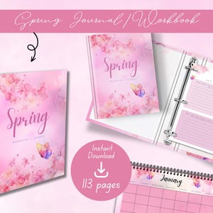 May include: A pink Spring journal and workbook set with a floral and butterfly design. The set includes a spiral-bound journal, a binder journal, and a calendar. The cover of the journal features the word "Spring". The set has 113 pages.