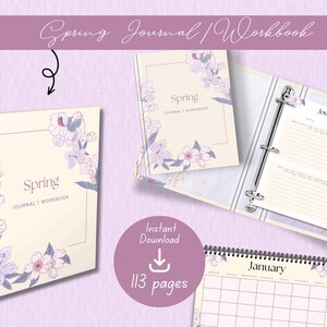 May include: A collection of spring-themed journals and workbooks. The covers are cream-colored with floral illustrations in shades of purple and blue. The text "Spring Journal/Workbook" is displayed on the covers. One journal is spiral-bound, another is a binder, and a third is a calendar.