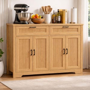 Farmhouse Buffet Cabinet with Drawer and Adjustable Shelf, Small Coffee Bar Cabinet, Fluted Sideboard Storage for Kitchen Entryway