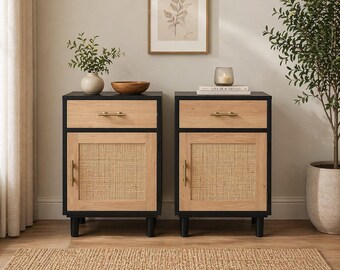 Bedside Table Set of 2 with Rattan Doors, Wooden Nightstands with Drawer and Storage, Small Bedroom Side Tables Pair