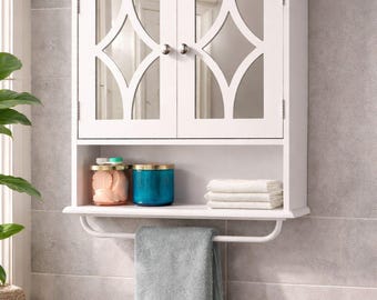 Wall Mounted Bathroom Medicine Cabinet with Mirror Doors, Over Toilet Storage Cabinet with Towel Bar and Adjustable Shelf