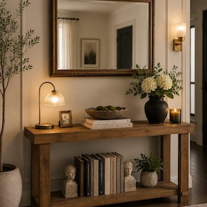 May include: A wooden console table with a large framed mirror above it. The table is adorned with books, decorative bowls, a lamp, and a small framed picture. A vase of white flowers and a lit candle add to the decor.
