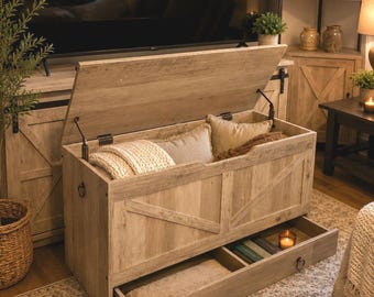 Storage Chest with Drawer, Wooden Toy Chest Bench, Entryway Storage Bench with Safety Hinge, Blanket Storage Box for Bedroom Living Room