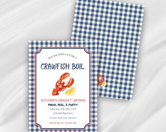 Invito di compleanno a tema bollito di gamberi di fiume / Invito per festa a base di frutti di mare / Primo compleanno a tema gamberi di fiume / Modificabile su Canva / Festa in stile sudista