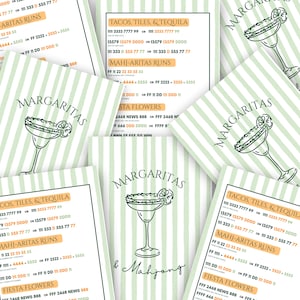 Peut inclure: Plusieurs cartes avec un fond rayé vert et blanc. Elles présentent une illustration de verre à margarita et le mot "Margaritas". Certaines cartes affichent également du texte comme "Tacos, Tiles, & Tequila" et des numéros de téléphone.