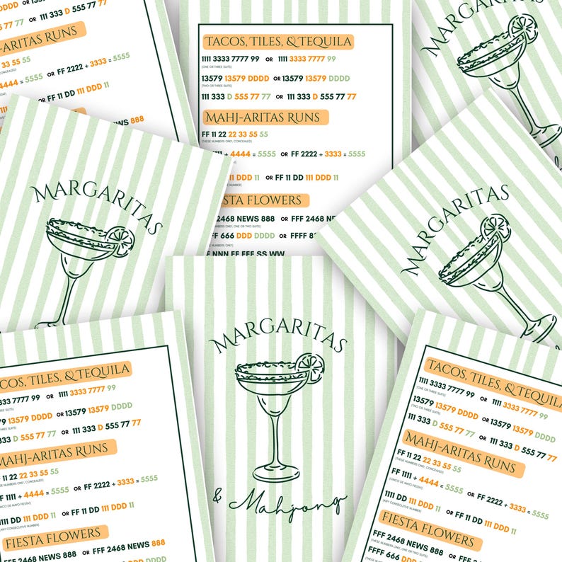 May include: A collection of cards with a green and white striped background. Each card features a margarita glass illustration and the word "Margaritas". Some cards also include text like "Tacos, Tiles, & Tequila" and phone numbers.