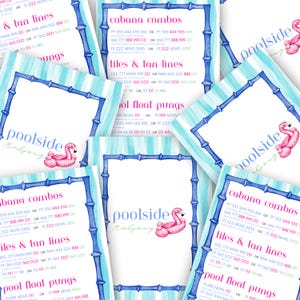 May include: Cards with a blue bamboo border and text, including "cabana combos" and "tiles & tan lines." A pink flamingo float illustration is featured. The overall theme is poolside leisure.
