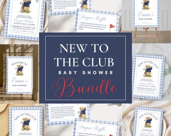 Pacchetto Baby Shower "New to the Club" / Invito Baby Shower Golf, cartello di benvenuto, lotteria dei pannolini e libri per neonati / Modello Canva Preppy