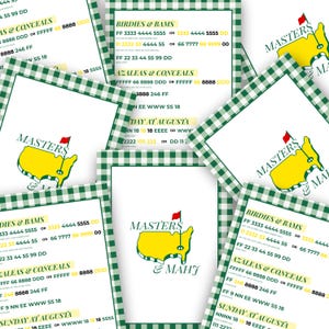 May include: A collection of white cards with green checkered borders, featuring the Masters Tournament logo in yellow and green. Text includes "Birdies & Bams," "Azaleas & Conceals," and "Sunday at Augusta."