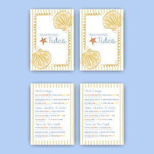 Puede incluir: Cuatro tarjetas rectangulares con tem&aacute;tica de playa. Dos tarjetas muestran el t&iacute;tulo Mahjong Tides con ilustraciones de conchas y una estrella de mar. Dos tarjetas enumeran reglas y combinaciones bajo los t&iacute;tulos Shell Kongs, Suns, Shades, & Suits.