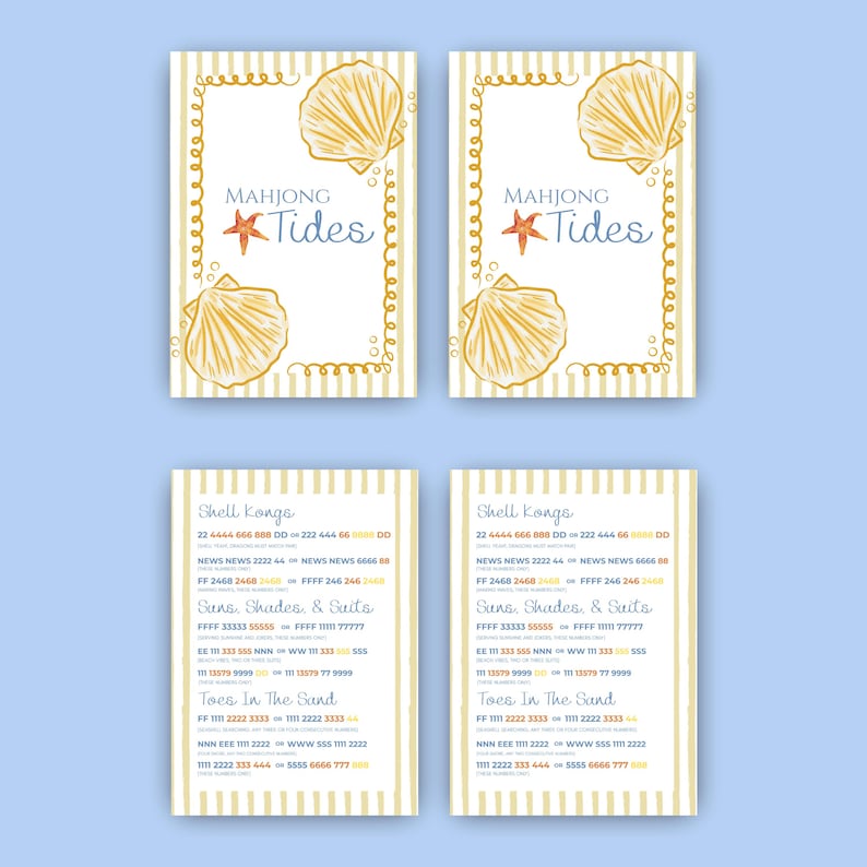 Puede incluir: Cuatro tarjetas rectangulares con tem&aacute;tica de playa. Dos tarjetas muestran el t&iacute;tulo Mahjong Tides con ilustraciones de conchas y una estrella de mar. Dos tarjetas enumeran reglas y combinaciones bajo los t&iacute;tulos Shell Kongs, Suns, Shades, & Suits.