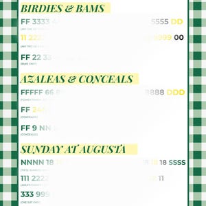 May include: A white background with a green and white checkered border. The image features text in a variety of fonts and colors, including "BIRDIES & BAMS", "AZALEAS & CONCEALS", and "SUNDAY AT AUGUSTA", along with numerical codes.